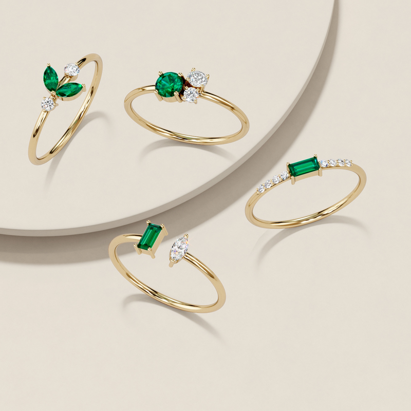 Emerald and Diamond Petals Stackable Ring 14K Yellow Gold Plated Sterling Silver 1.50 Carats