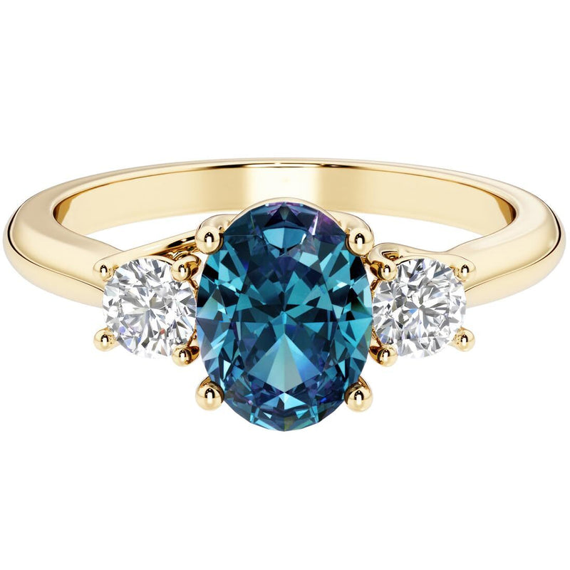 Alexandrite and Lab Grown Diamond 3-Stone Trellis Ring 14K Gold 1.80 Carats Oval