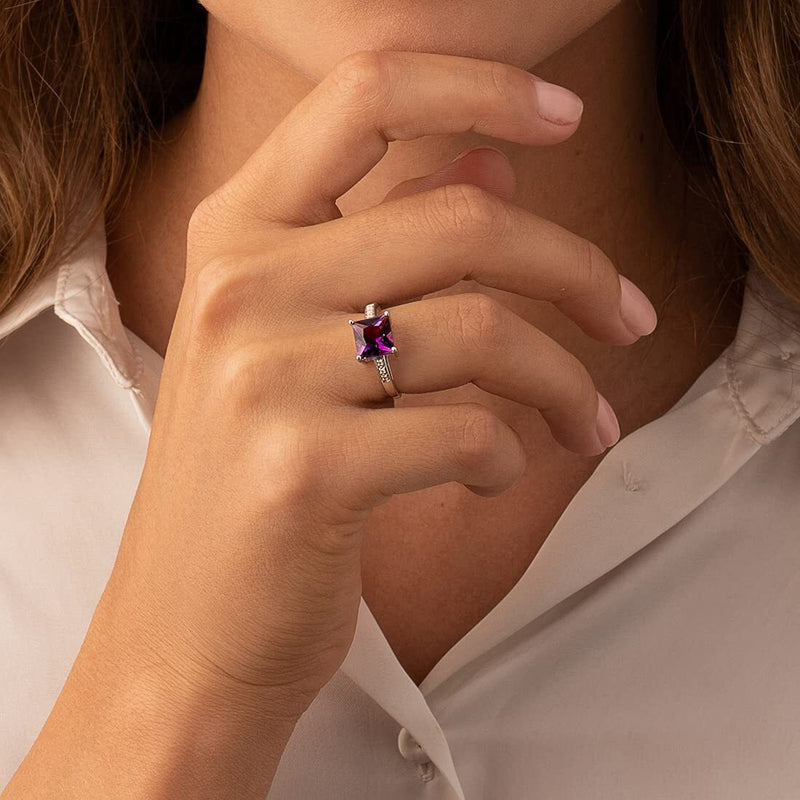 Princess Cut Amethyst and Diamond Solitaire Ring 14K White Gold 2 Carats