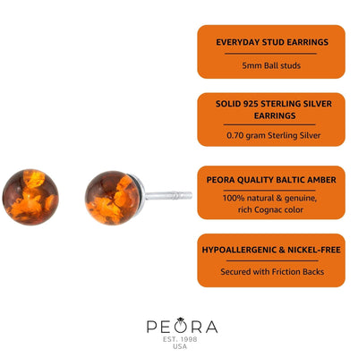 Baltic Amber 5-7mm Ball Stud Earrings Sterling Silver