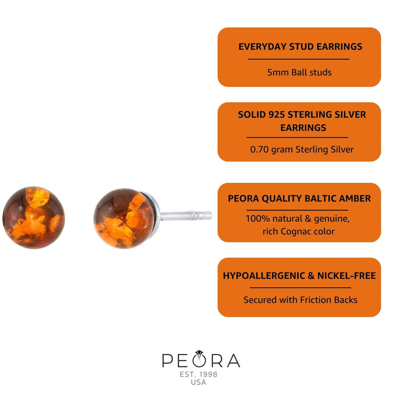 Baltic Amber 5-7mm Ball Stud Earrings Sterling Silver