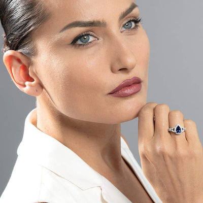 Pear Shape Blue Sapphire Halo Crest Ring Sterling Silver 1.75 Carats