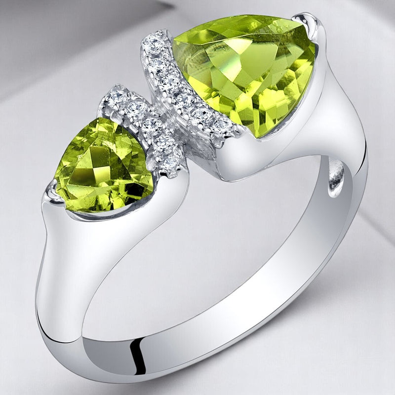 Trillion Shape Peridot 2-Stone Ring Sterling Silver 1 Carat