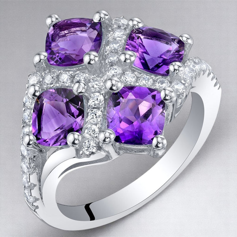 Cushion Cut Amethyst  Sterling Silver Quad Ring 2 Carats