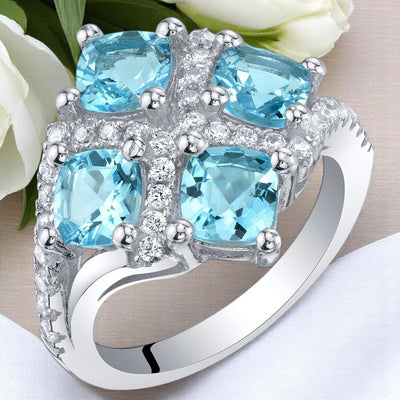 Cushion Cut Swiss Blue Topaz Sterling Silver Quad Ring 2.50 Carats