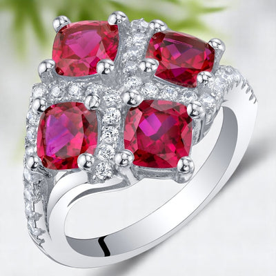 Cushion Cut Ruby Sterling Silver Quad Ring 2.50 Carats