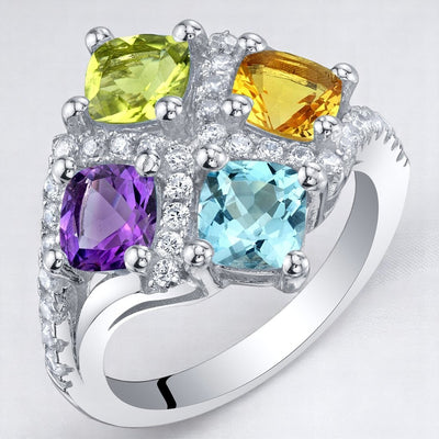 Cushion Cut Amethyst Peridot Citrine Blue Topaz Sterling Silver Quad Ring 2.25 Carats