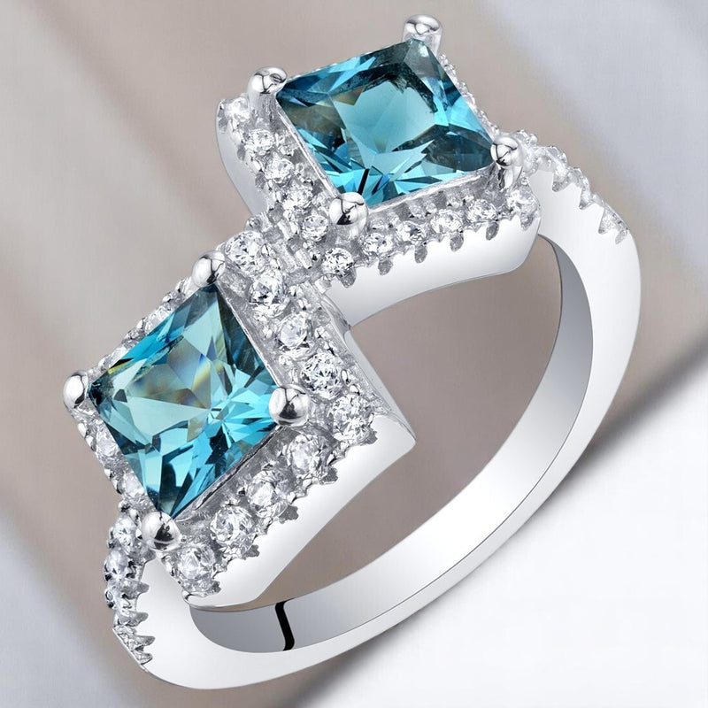 Princess Cut London Blue Topaz Two-Stone Ring Sterling Silver 1.50 Carats