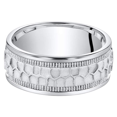 Men's Hammered Pattern Wedding Ring Band 8mm Sterling Silver Comfort Fit
