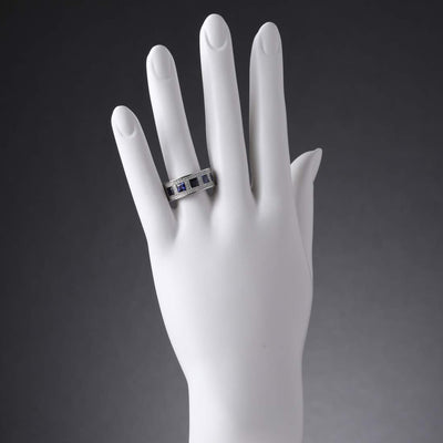 Princess Cut Blue Sapphire Wide Ring Band Sterling Silver 2 Carats Total