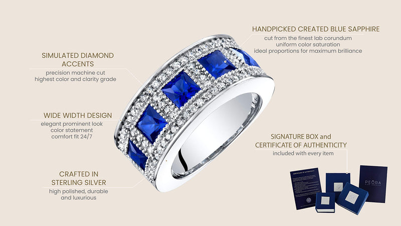 Princess Cut Blue Sapphire Wide Ring Band Sterling Silver 2 Carats Total