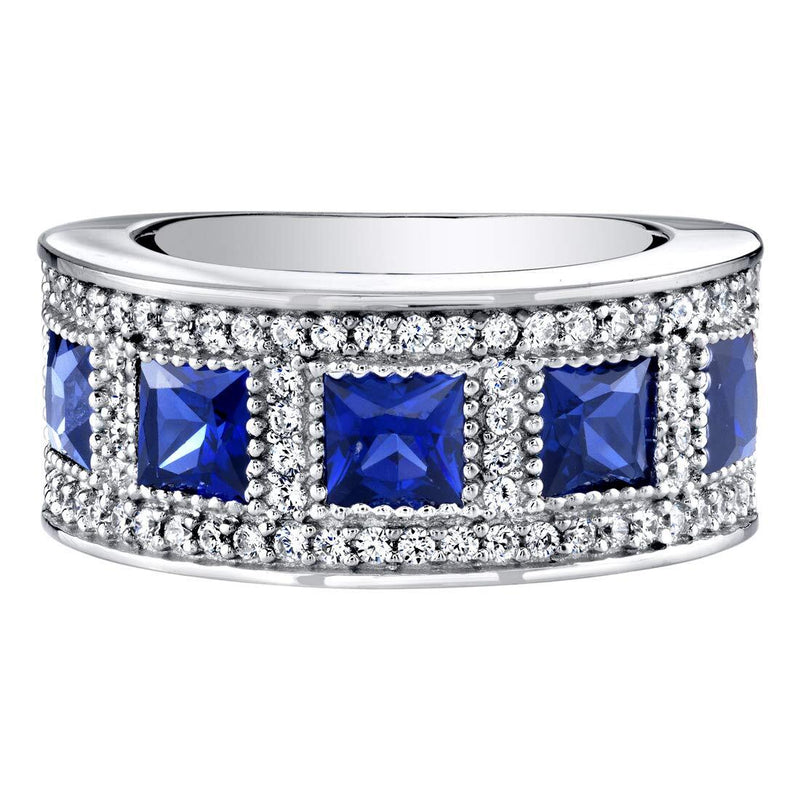 Princess Cut Blue Sapphire Wide Ring Band Sterling Silver 2 Carats Total
