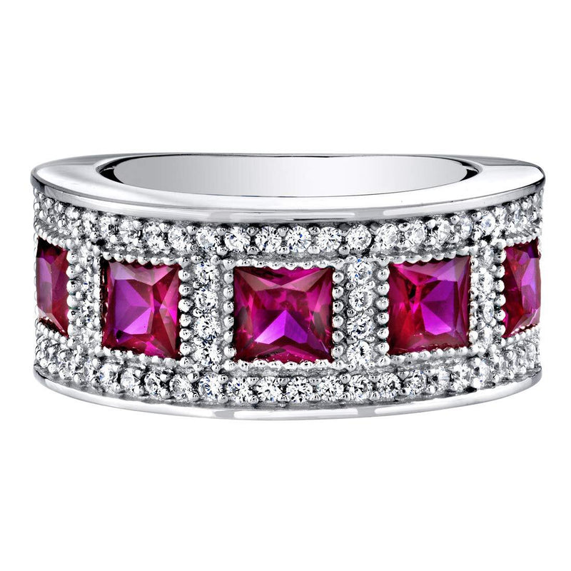Princess Cut Ruby Wide Ring Band Sterling Silver 2 Carats Total