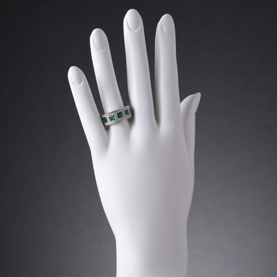 Princess Cut Emerald Wide Ring Band Sterling Silver 2 Carats Total