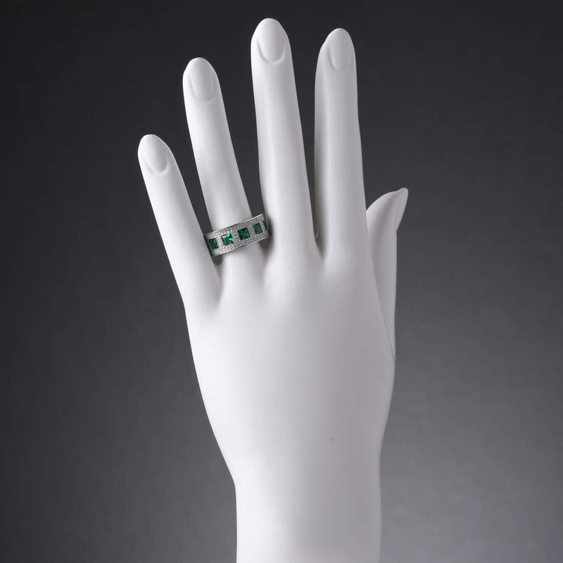 Princess Cut Emerald Wide Ring Band Sterling Silver 2 Carats Total