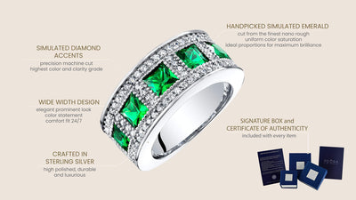 Princess Cut Emerald Wide Ring Band Sterling Silver 2 Carats Total