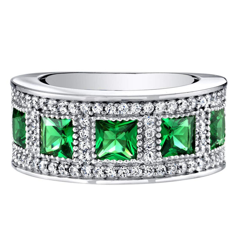 Princess Cut Emerald Wide Ring Band Sterling Silver 2 Carats Total