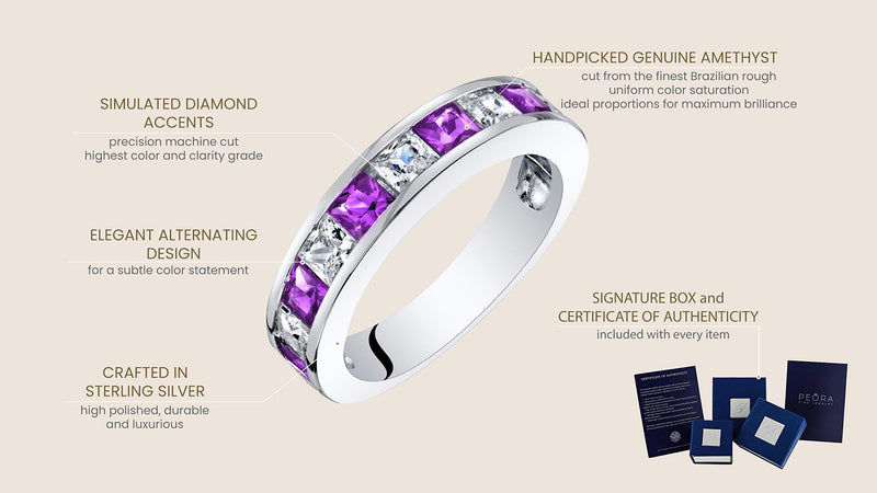 Princess Cut Amethyst Half-Eternity Ring Band Sterling Silver 1 Carat Total