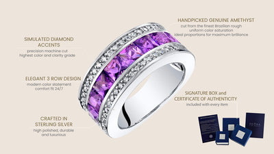Princess Cut Amethyst 3-Row Wedding Ring Band Sterling Silver 2 Carats Total