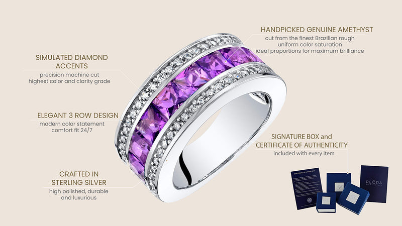 Princess Cut Amethyst 3-Row Wedding Ring Band Sterling Silver 2 Carats Total