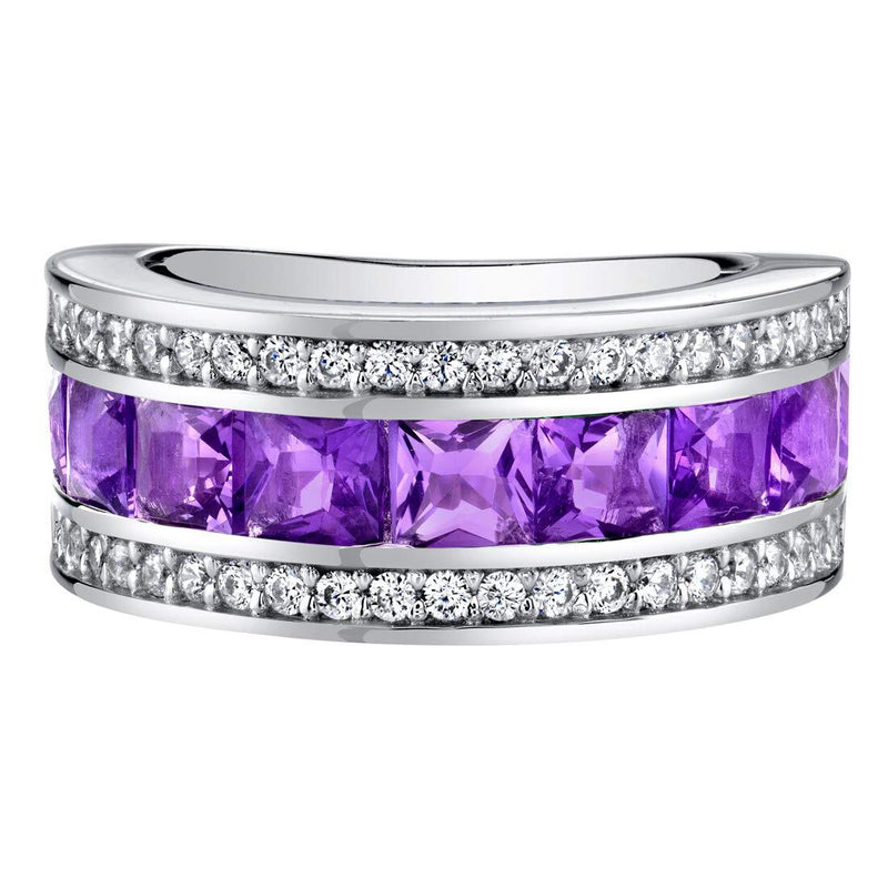 Princess Cut Amethyst 3-Row Wedding Ring Band Sterling Silver 2 Carats Total