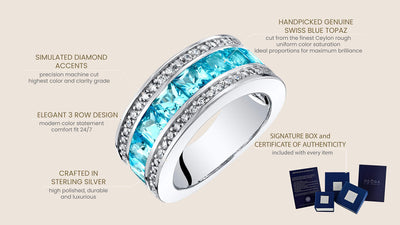 Princess Cut Swiss Blue Topaz 3-Row Wedding Ring Band Sterling Silver 2.25 Carats Total