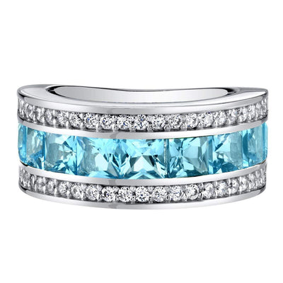 Princess Cut Swiss Blue Topaz 3-Row Wedding Ring Band Sterling Silver 2.25 Carats Total