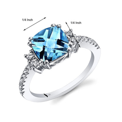 14K White Gold Swiss Blue Topaz Ring Cushion Checkerboard Cut 2.50 Carats