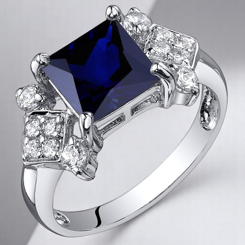 Blue Sapphire Ring Sterling Silver Princess Shape 2.5 Carats