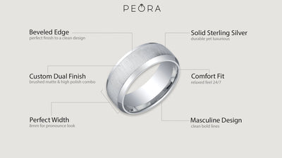 Men's Beveled Edge Wedding Ring Band 8mm Sterling Silver Brush Matte Comfort Fit