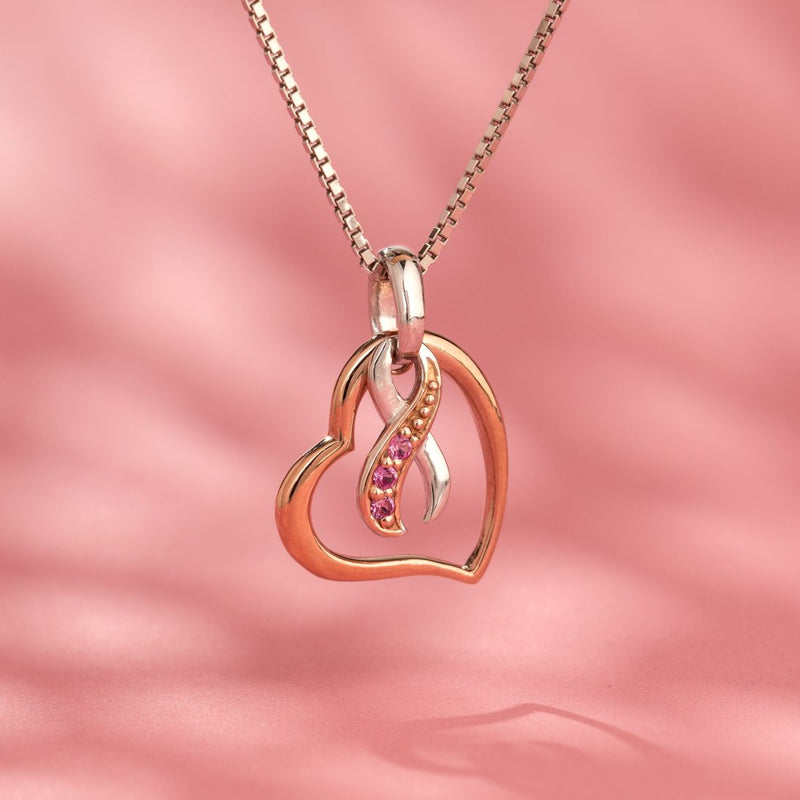 Breast Cancer Awareness Hope Fight Survive Pendant Necklace with Created Pink Sapphire Sterling Silver