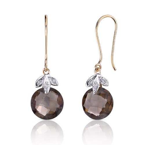 Smoky Quartz and Diamond Earrings 14K Yellow Gold 7 Carats Round Shape