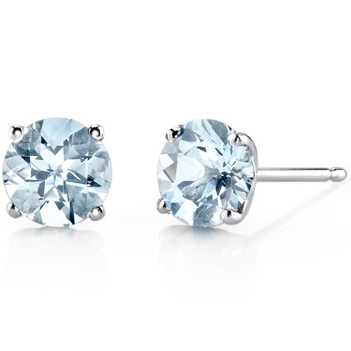 Aquamarine Stud Earrings 14 Karat White Gold Round 1.5 Carats