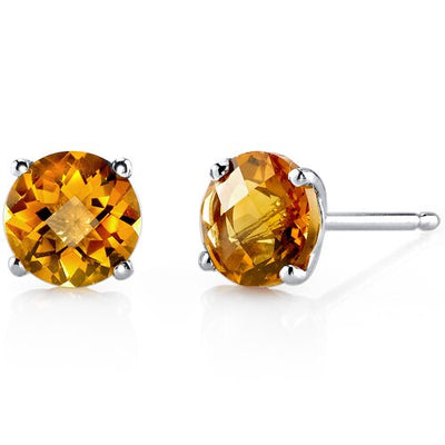 Citrine Stud Earrings 14 Kt White Gold Round Shape 1.75 Carats