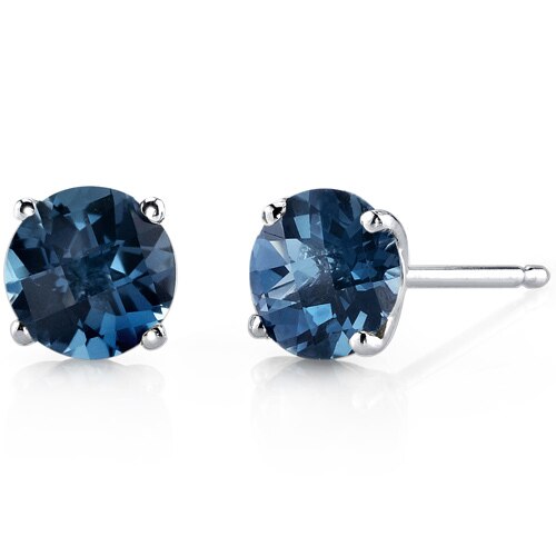 London Blue Topaz Round Stud Earrings 14 Karat White Gold 2 Carats