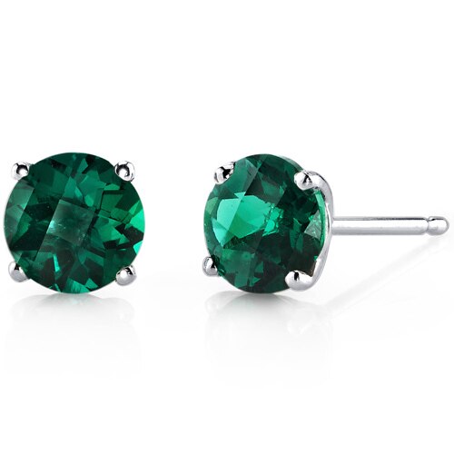 Emerald Stud Earrings 14 Kt White Gold Round Shape 1.5 Carats