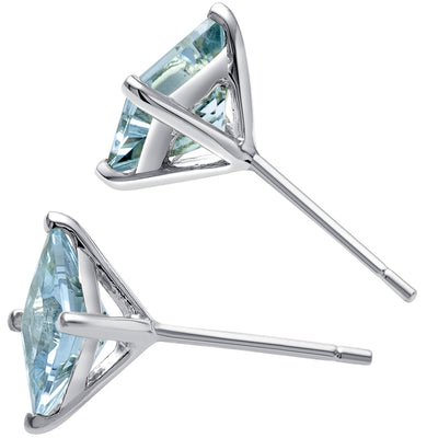 Aquamarine Stud Earrings 14 Kt White Gold Princess 1.75 Carats