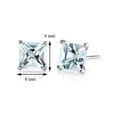 Aquamarine Stud Earrings 14 Kt White Gold Princess 1.75 Carats