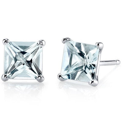 Aquamarine Stud Earrings 14 Kt White Gold Princess 1.75 Carats