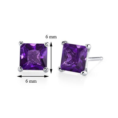 Amethyst Stud Earrings 14 Kt White Gold Princess Cut 2 Carats