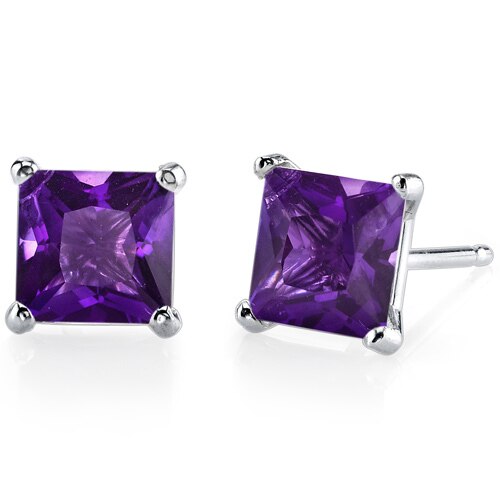 Amethyst Stud Earrings 14 Kt White Gold Princess Cut 2 Carats