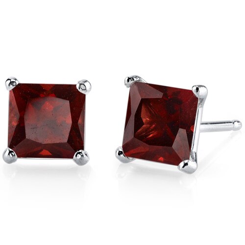 Garnet Stud Earrings 14 Karat White Gold Princess 2.75 Carats