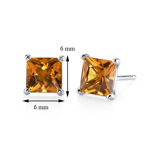 Citrine Stud Earrings 14 Kt White Gold Princess Cut 2 Carats