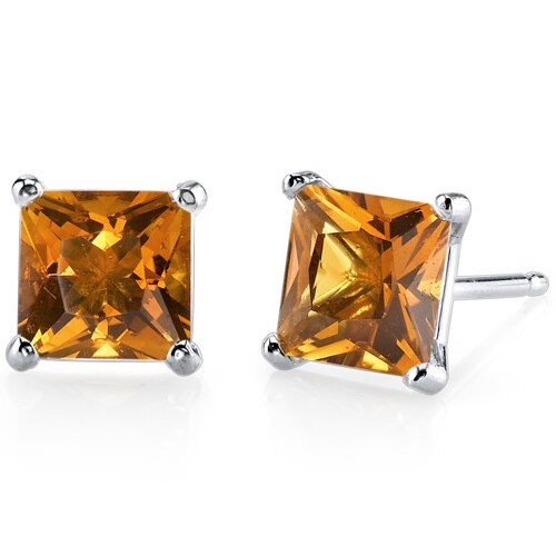 Citrine Stud Earrings 14 Kt White Gold Princess Cut 2 Carats