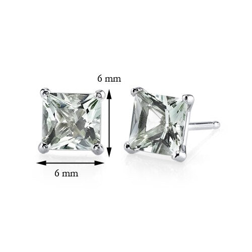 Green Amethyst Stud Earrings 14 Kt White Gold Princess 2 Carats