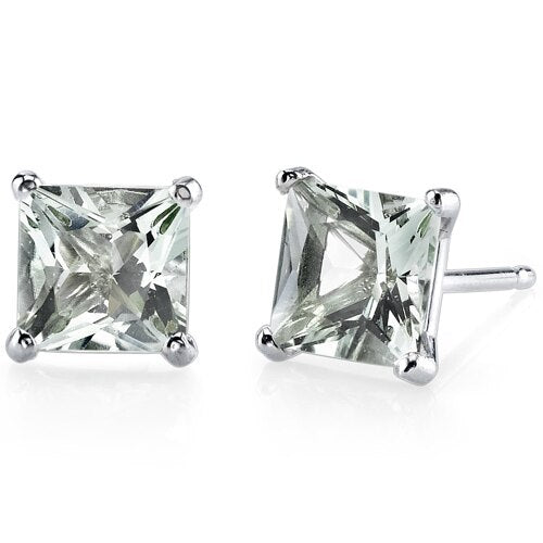 Green Amethyst Stud Earrings 14 Kt White Gold Princess 2 Carats