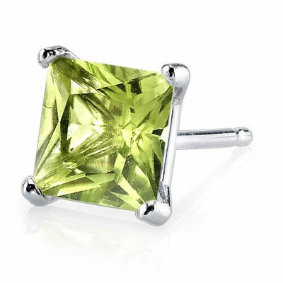 Peridot Stud Earrings 14 Karat White Gold Princess 2 Carats