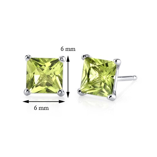 Peridot Stud Earrings 14 Karat White Gold Princess 2 Carats