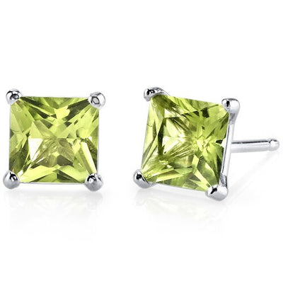 Peridot Stud Earrings 14 Karat White Gold Princess 2 Carats