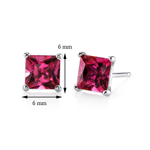 Ruby Stud Earrings 14 Karat White Gold Princess Cut 3 Carats